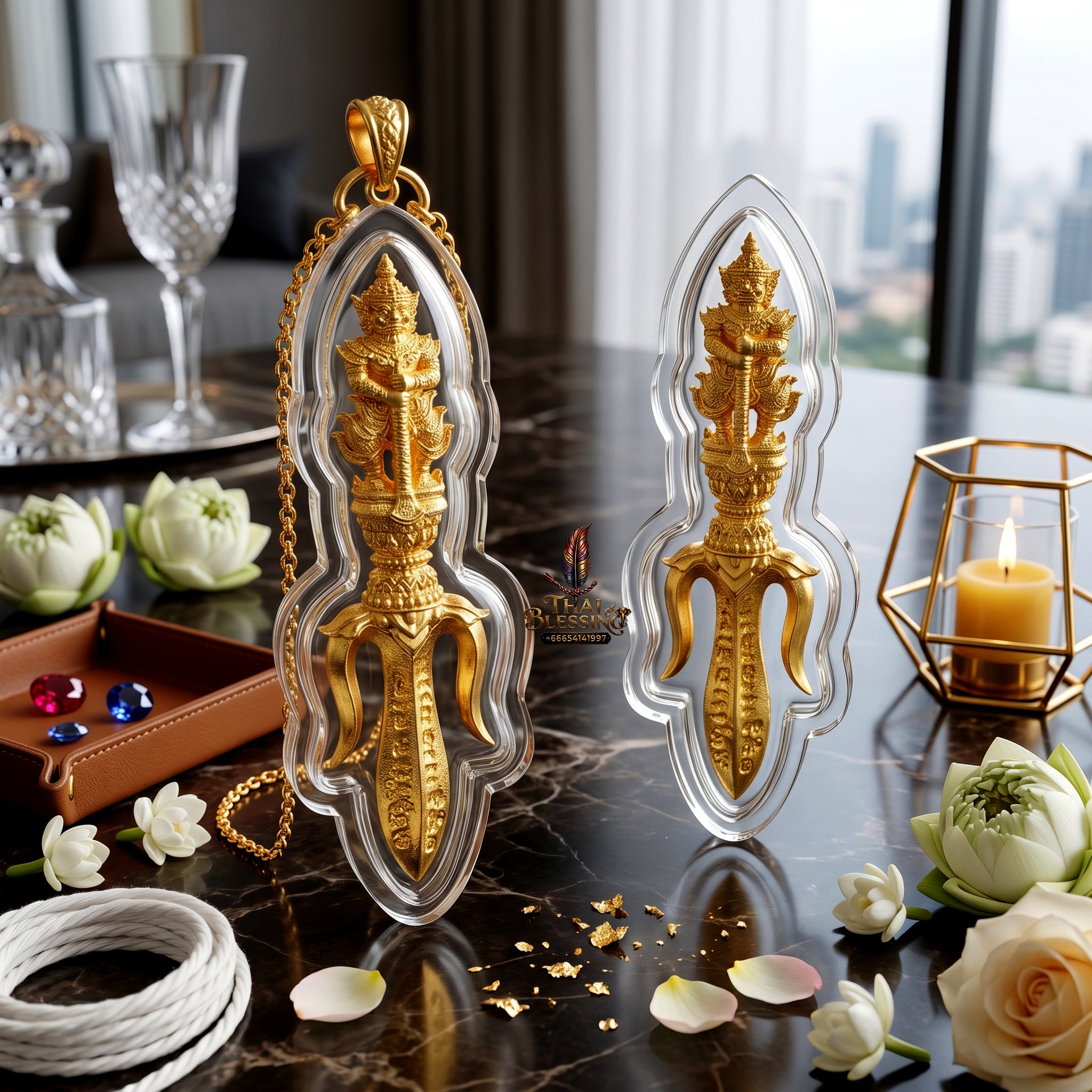 ✨🔱👑 Authentic Thai Amulet Tri-Scepter Node - Sovereign Authority Talisman (3.0x0.8 cm), Luang Phor Phet 2024 Pure Gold-Plated Asset Shield Waterproof Case