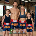 🥊The Apex Striker: Premium Side-Striped Muay Thai Shorts – Authentic Kanok Embroidered Satin Trunks, Quick-Dry Double-Layered Export Grade for Adults and Kids (Muay Thai shorts, blue.)