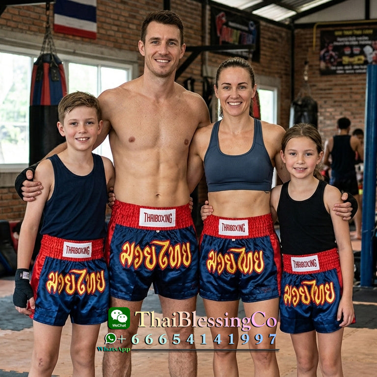 🥊The Apex Striker: Premium Side-Striped Muay Thai Shorts – Authentic Kanok Embroidered Satin Trunks, Quick-Dry Double-Layered Export Grade for Adults and Kids (Muay Thai shorts, blue.)