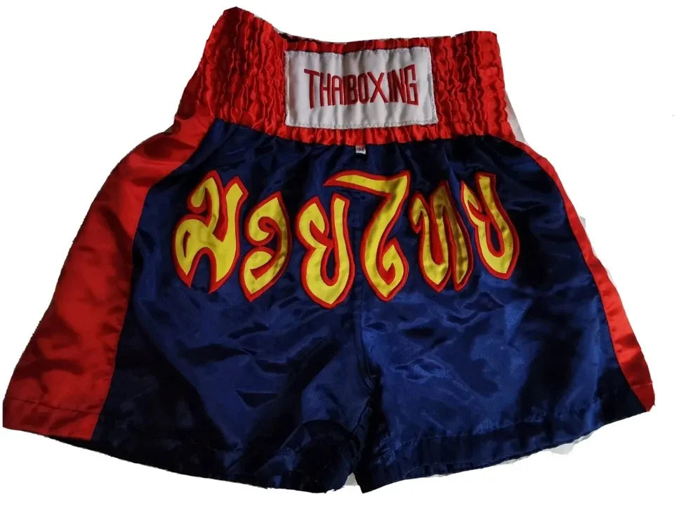 🥊The Apex Striker: Premium Side-Striped Muay Thai Shorts – Authentic Kanok Embroidered Satin Trunks, Quick-Dry Double-Layered Export Grade for Adults and Kids (Muay Thai shorts, blue.)