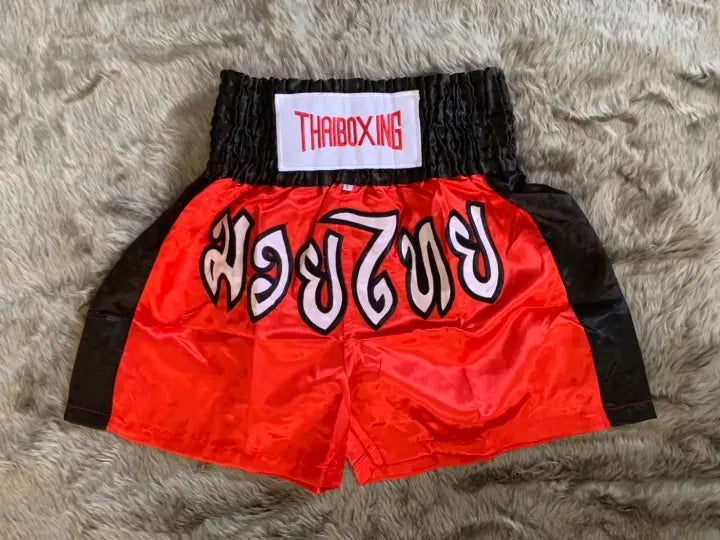 🥊The Apex Striker: Premium Side-Striped Muay Thai Shorts – Authentic Kanok Embroidered Satin Trunks, Quick-Dry Double-Layered Export Grade for Adults and Kids (Red Muay Thai shorts)