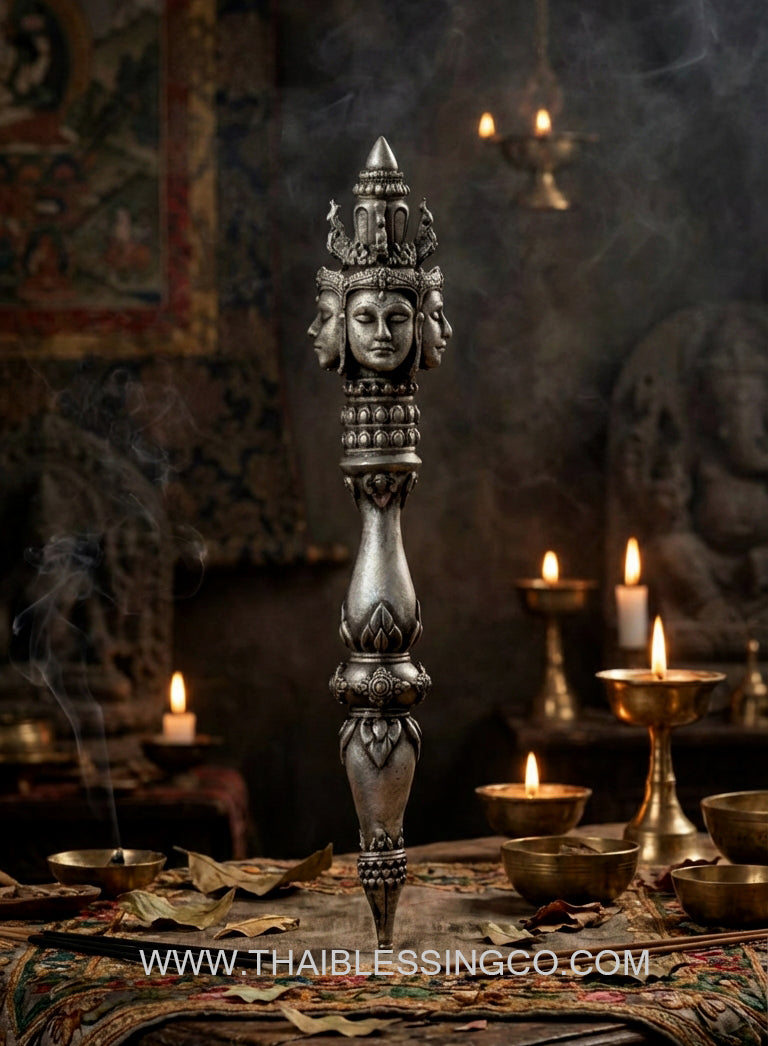 ✨ The Brahma Decree Magic Wand (Mai Kru Phrom Prakasit) B.E. 2568: Sacred Deva Treasure Edition for Commanding Success, Wealth Activation, and Absolute Protection by Kruba Baeng, Wat Ban Tanot (Power Size 4.7 cm) White brass satin silver plated.