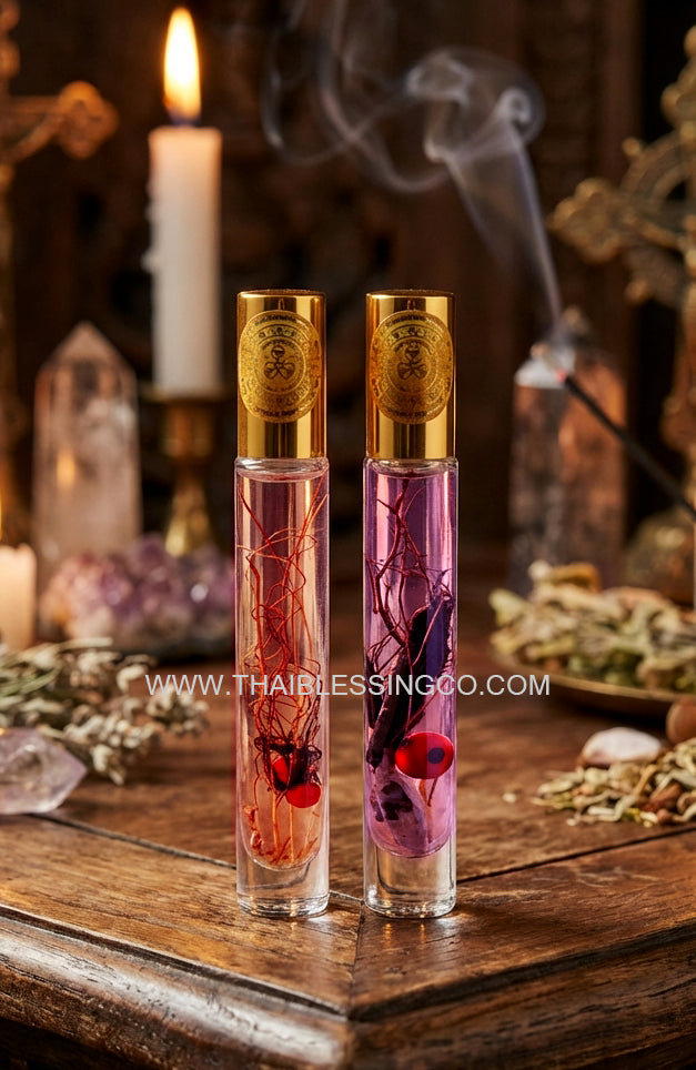 ✨ The Divine Saneh Mon Plaeng Enchantment Oil B.E. 2568: Authentic Thai Attraction Alchemy for Women, Men, and LGBTQ+ by Kruba Kamfan, Wat Ko Chok – Pink & Purple Gender-Specific Love Balms