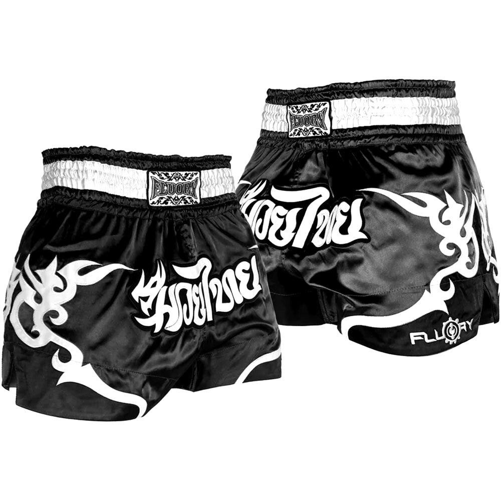 🏮 The FLUORY Elite Strike: Professional Muay Thai & Kickboxing Shorts – High-Performance Satin MMA Trunks for Competition and Combat Training, Unisex Design for Men, Women, and Kids (Black Muay Thai shorts)