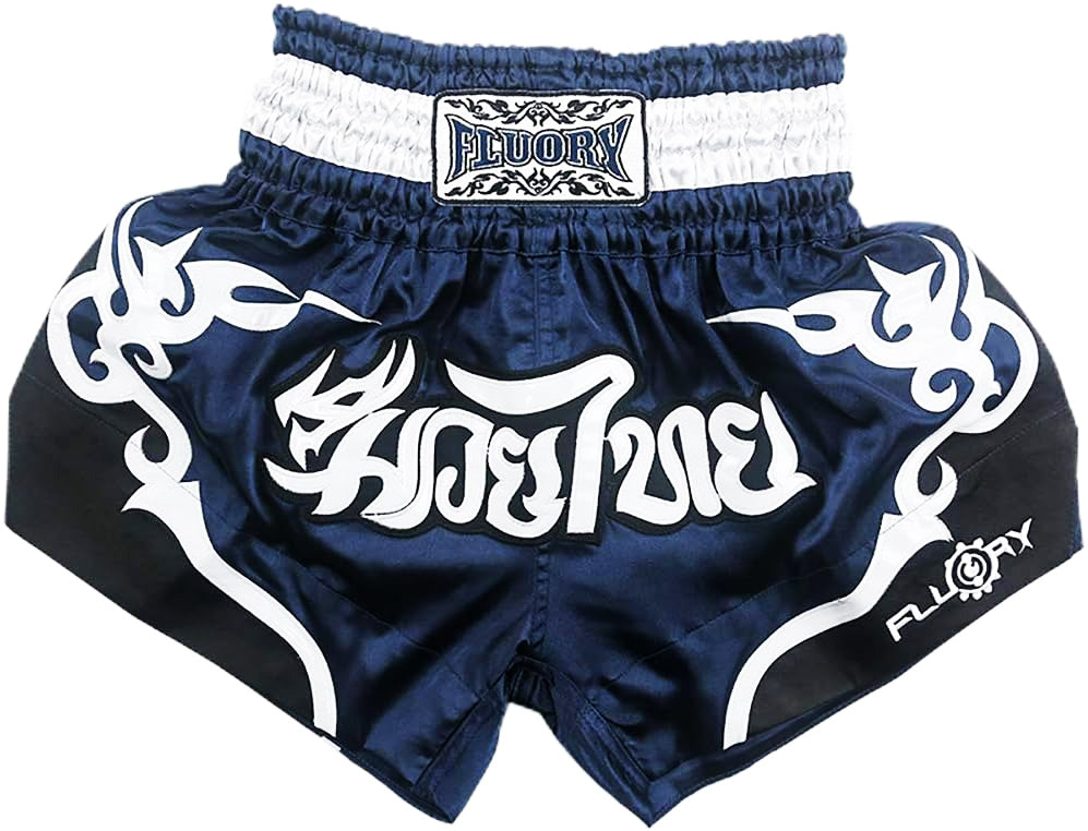 🏮 The FLUORY Elite Strike: Professional Muay Thai & Kickboxing Shorts – High-Performance Satin MMA Trunks for Competition and Combat Training, Unisex Design for Men, Women, and Kids (Dark blue Muay Thai shorts)