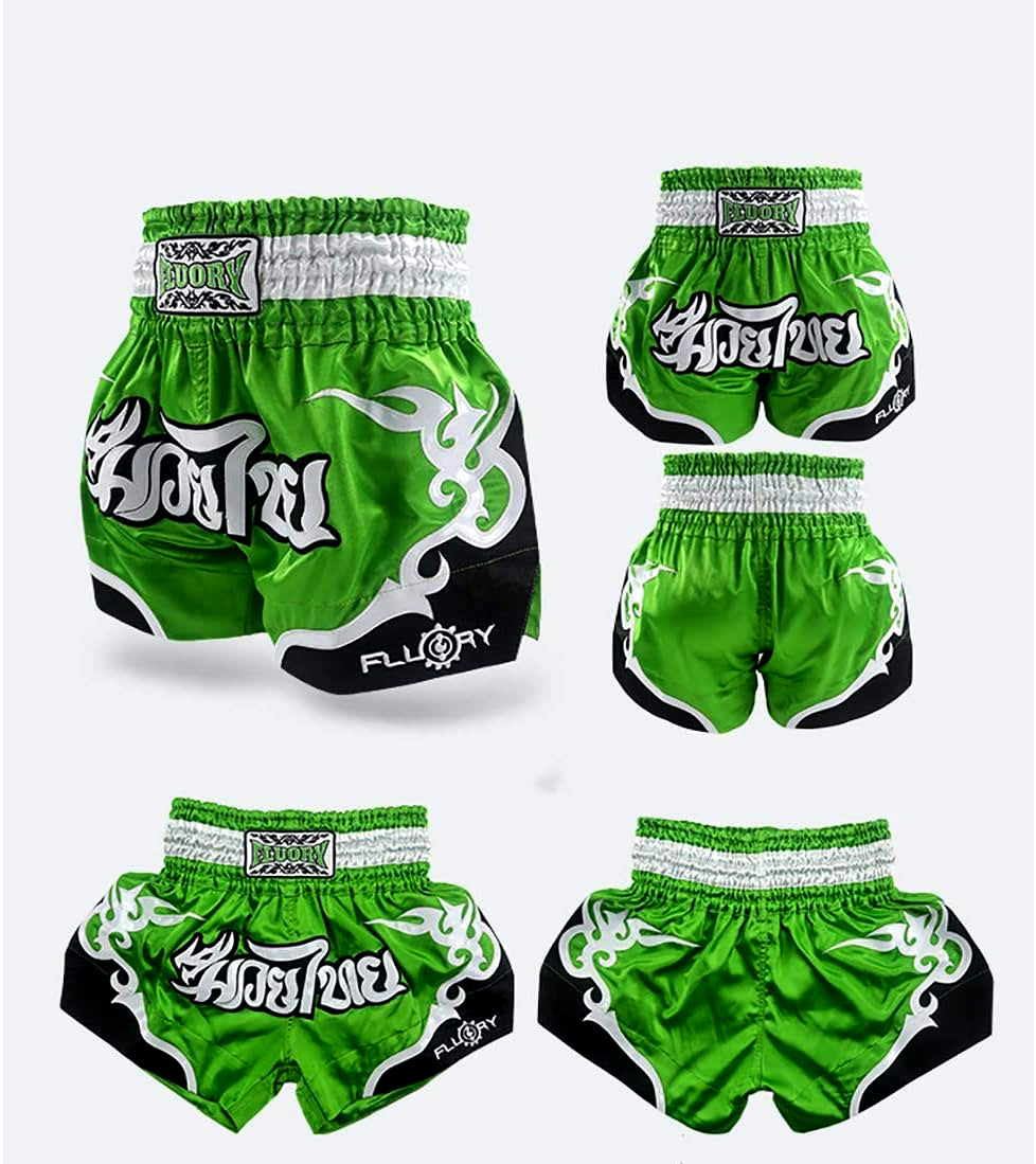 🏮 The FLUORY Elite Strike: Professional Muay Thai & Kickboxing Shorts – High-Performance Satin MMA Trunks for Competition and Combat Training, Unisex Design for Men, Women, and Kids (Light green Muay Thai shorts)