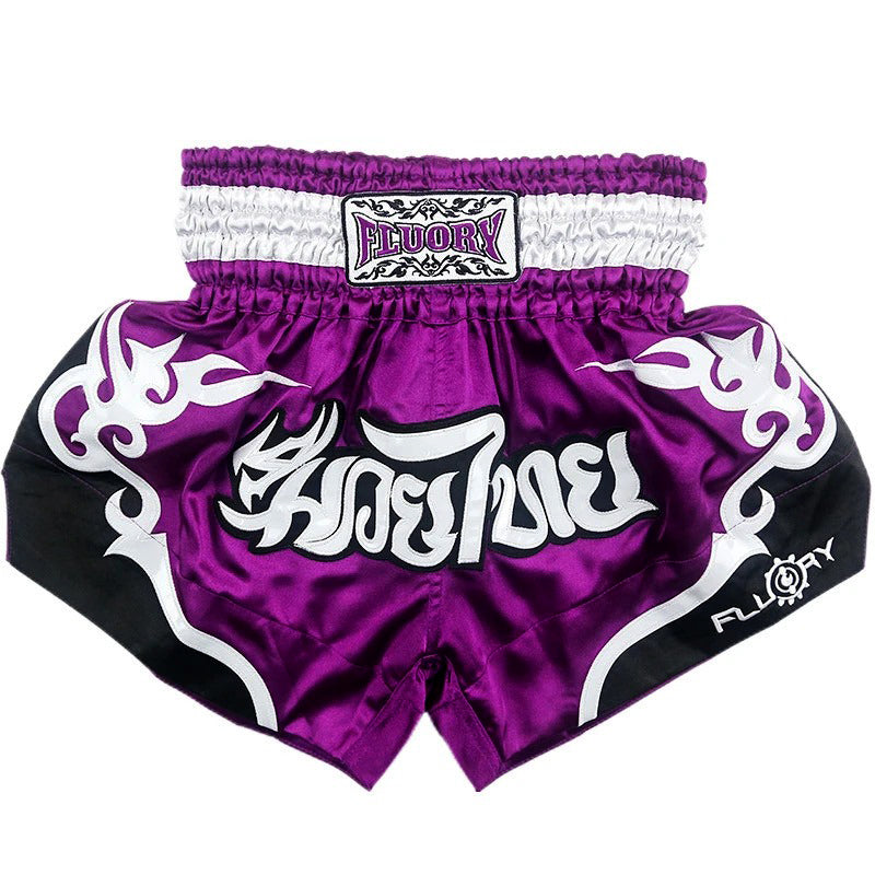 🏮 The FLUORY Elite Strike: Professional Muay Thai & Kickboxing Shorts – High-Performance Satin MMA Trunks for Competition and Combat Training, Unisex Design for Men, Women, and Kids (Purple Muay Thai shorts)
