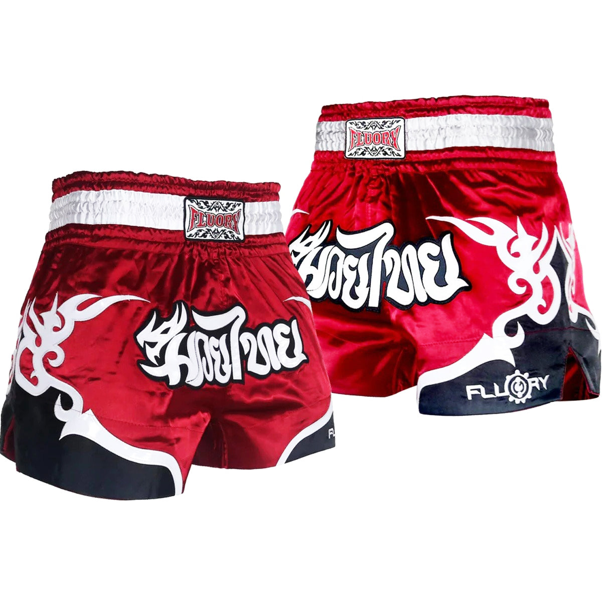 🏮 The FLUORY Elite Strike: Professional Muay Thai & Kickboxing Shorts – High-Performance Satin MMA Trunks for Competition and Combat Training, Unisex Design for Men, Women, and Kids (Red Muay Thai shorts)