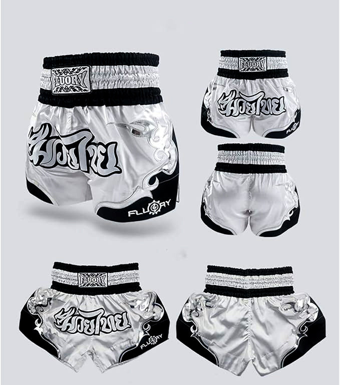🏮 The FLUORY Elite Strike: Professional Muay Thai & Kickboxing Shorts – High-Performance Satin MMA Trunks for Competition and Combat Training, Unisex Design for Men, Women, and Kids (White Muay Thai shorts)