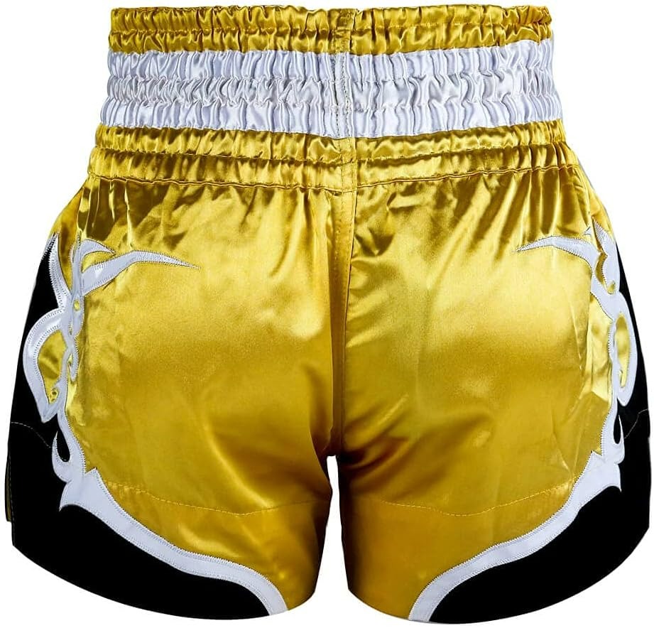 🏮 The FLUORY Elite Strike: Professional Muay Thai & Kickboxing Shorts – High-Performance Satin MMA Trunks for Competition and Combat Training, Unisex Design for Men, Women, and Kids (Yellow Muay Thai shorts)