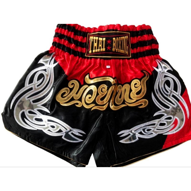 🥊 The Heritage Elite: Authentic Premium Satin Muay Thai Shorts – Ultra-Soft High-Gloss Boxing Trunks, Handcrafted Multi-Size Elastic Waistband, Factory-Direct Export Grade for Adults and Kids (Black and red Muay Thai shorts)