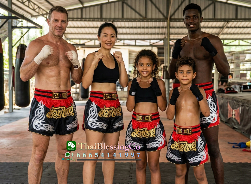 🥊 The Heritage Elite: Authentic Premium Satin Muay Thai Shorts – Ultra-Soft High-Gloss Boxing Trunks, Handcrafted Multi-Size Elastic Waistband, Factory-Direct Export Grade for Adults and Kids (Black and red Muay Thai shorts)