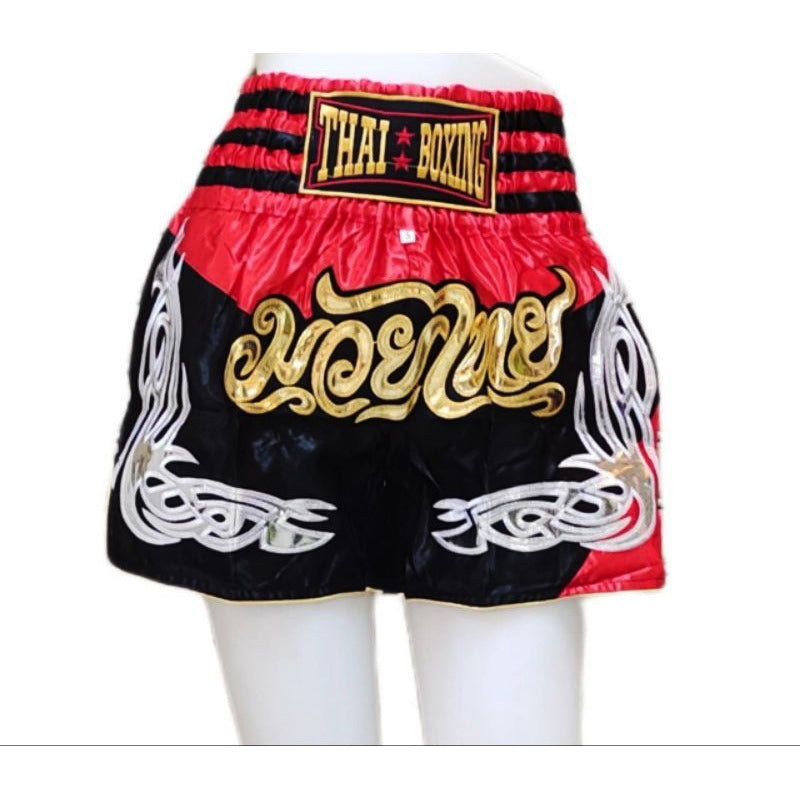 🥊 The Heritage Elite: Authentic Premium Satin Muay Thai Shorts – Ultra-Soft High-Gloss Boxing Trunks, Handcrafted Multi-Size Elastic Waistband, Factory-Direct Export Grade for Adults and Kids (Black and red Muay Thai shorts)