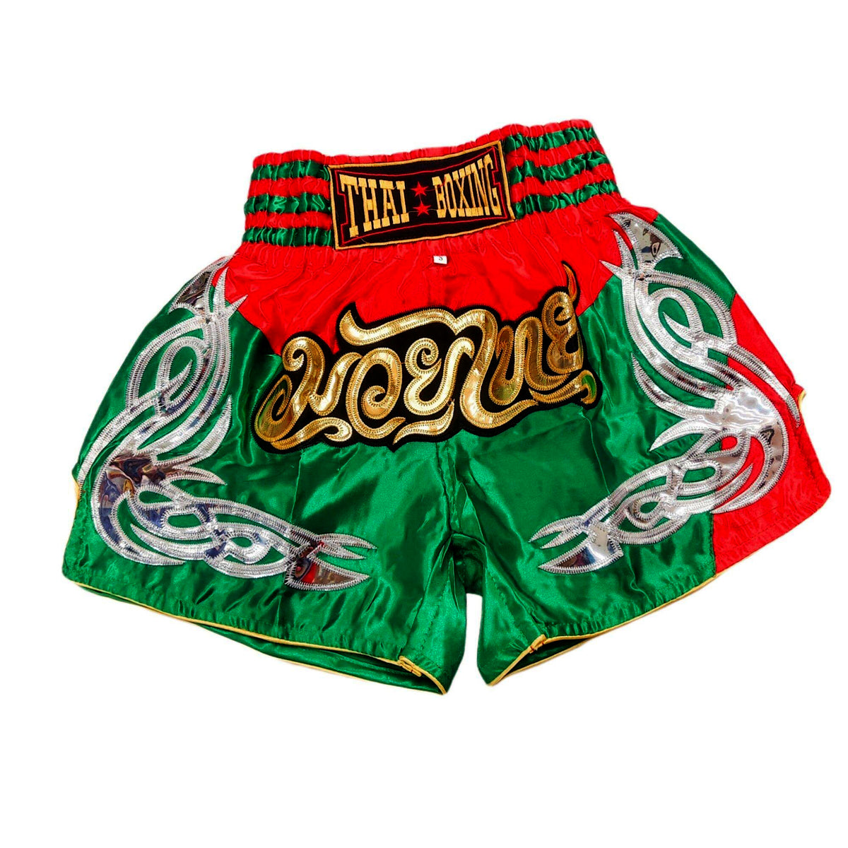 🥊 The Heritage Elite: Authentic Premium Satin Muay Thai Shorts – Ultra-Soft High-Gloss Boxing Trunks, Handcrafted Multi-Size Elastic Waistband, Factory-Direct Export Grade for Adults and Kids (Green and red Muay Thai shorts)