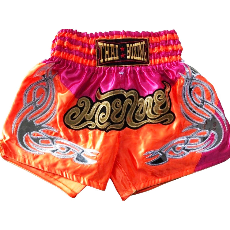🥊 The Heritage Elite: Authentic Premium Satin Muay Thai Shorts – Ultra-Soft High-Gloss Boxing Trunks, Handcrafted Multi-Size Elastic Waistband, Factory-Direct Export Grade for Adults and Kids (Orange and pink Muay Thai shorts)