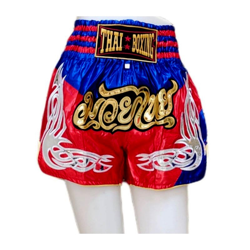 🥊 The Heritage Elite: Authentic Premium Satin Muay Thai Shorts – Ultra-Soft High-Gloss Boxing Trunks, Handcrafted Multi-Size Elastic Waistband, Factory-Direct Export Grade for Adults and Kids (Red and blue Muay Thai shorts)