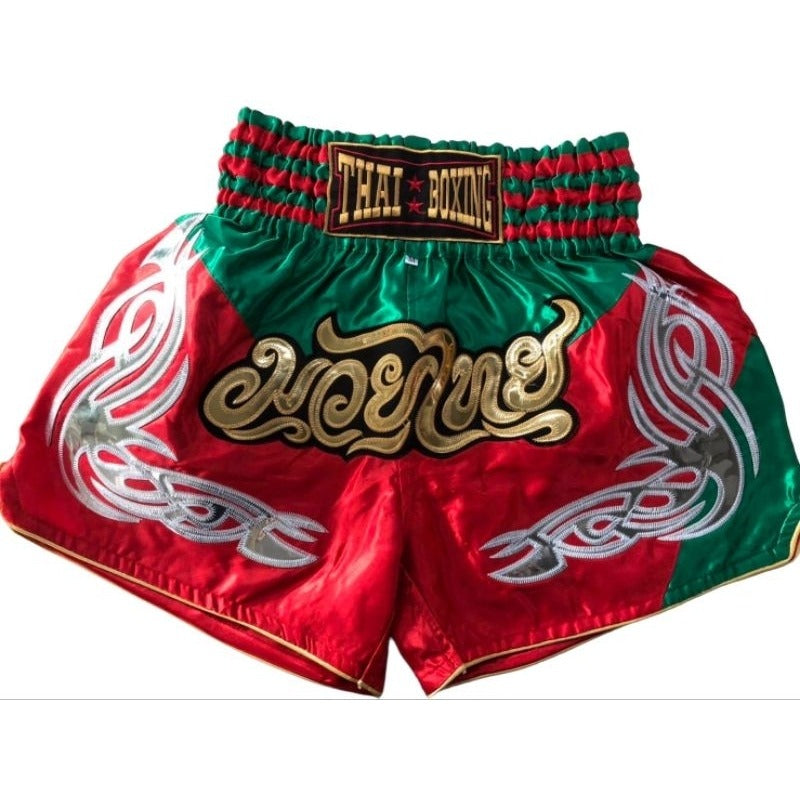🥊 The Heritage Elite: Authentic Premium Satin Muay Thai Shorts – Ultra-Soft High-Gloss Boxing Trunks, Handcrafted Multi-Size Elastic Waistband, Factory-Direct Export Grade for Adults and Kids (Red and green Muay Thai shorts)