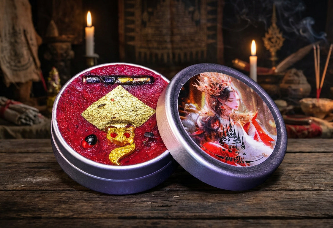 ✨ The Nine-Tailed Fox Princess Saneh Jan Enchantment Wax B.E. 2568: Limited Edition Red Alchemy Attraction Balm with Snake Skin Takrut & Sacred Herbs by Phra Ajarn Amnat Mahaveero (4.0 cm Collector's Tin)
