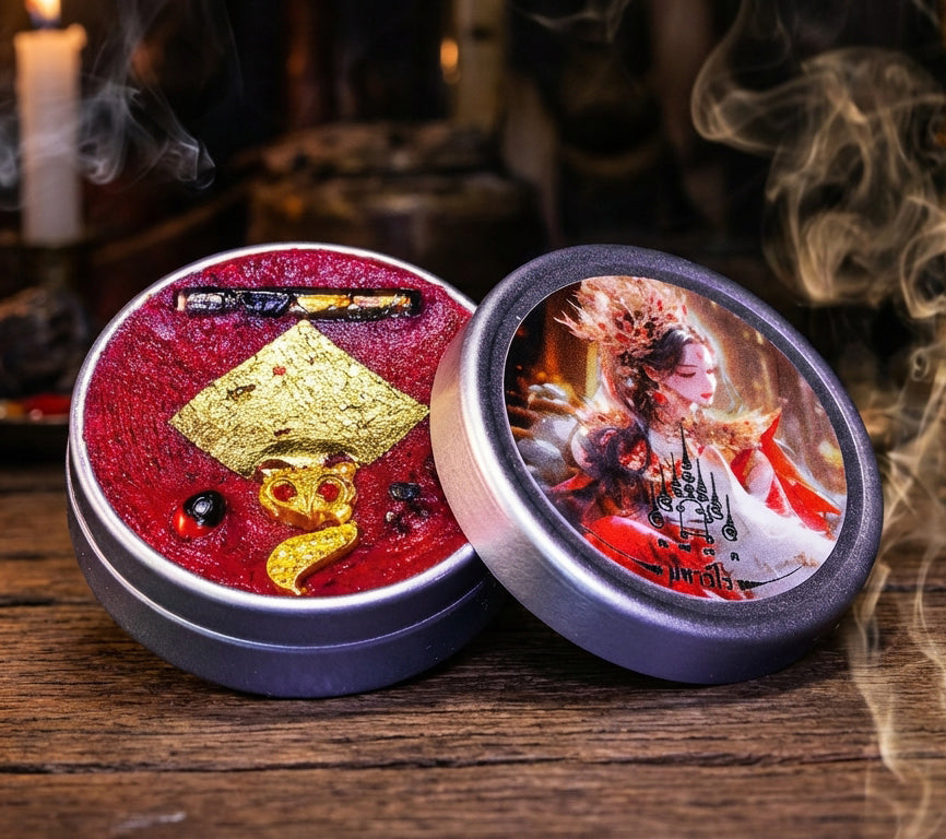 ✨ The Nine-Tailed Fox Princess Saneh Jan Enchantment Wax B.E. 2568: Limited Edition Red Alchemy Attraction Balm with Snake Skin Takrut & Sacred Herbs by Phra Ajarn Amnat Mahaveero (4.0 cm Collector's Tin)