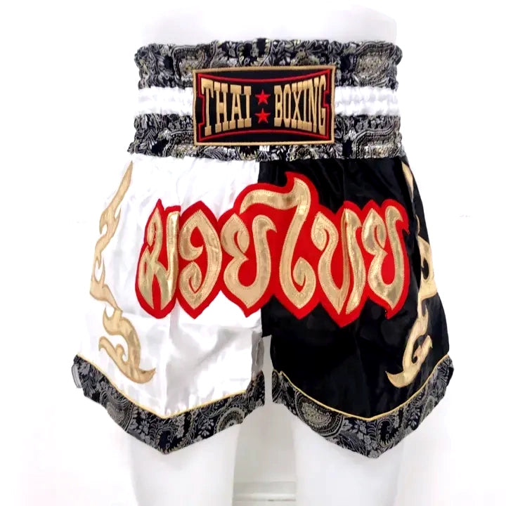 🥊 The Radiant Striker: Twotone Signature Muay Thai Shorts – Premium Vibrant Dual-Color Series, Ultra-Comfortable Stylish Boxing Trunks, Handcrafted High-Precision Export Grade for Adults and Kids (Black and white Muay Thai shorts)