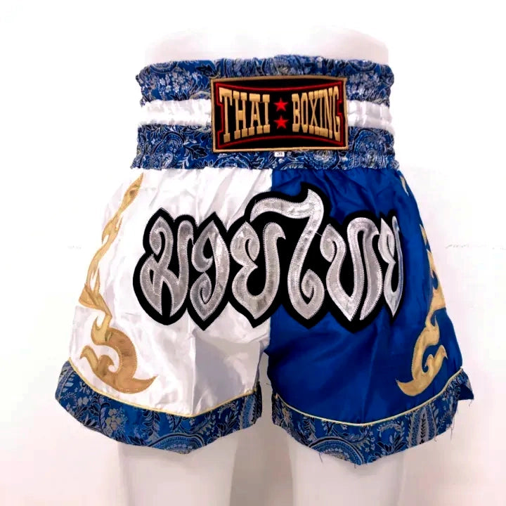 🥊 The Radiant Striker: Twotone Signature Muay Thai Shorts – Premium Vibrant Dual-Color Series, Ultra-Comfortable Stylish Boxing Trunks, Handcrafted High-Precision Export Grade for Adults and Kids (Muay Thai shorts, blue and white)