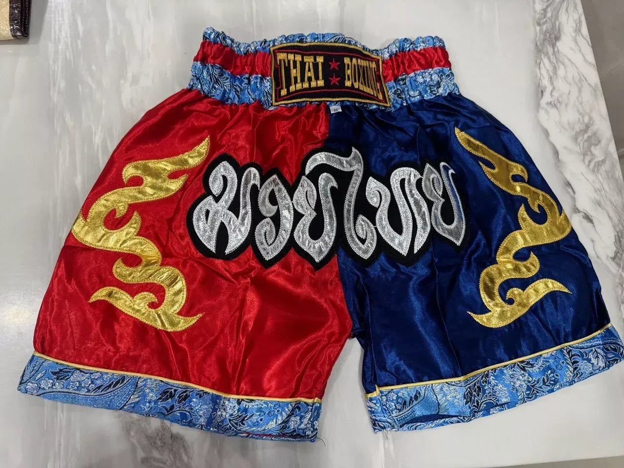 🥊 The Radiant Striker: Twotone Signature Muay Thai Shorts – Premium Vibrant Dual-Color Series, Ultra-Comfortable Stylish Boxing Trunks, Handcrafted High-Precision Export Grade for Adults and Kids (Red and blue Muay Thai shorts)