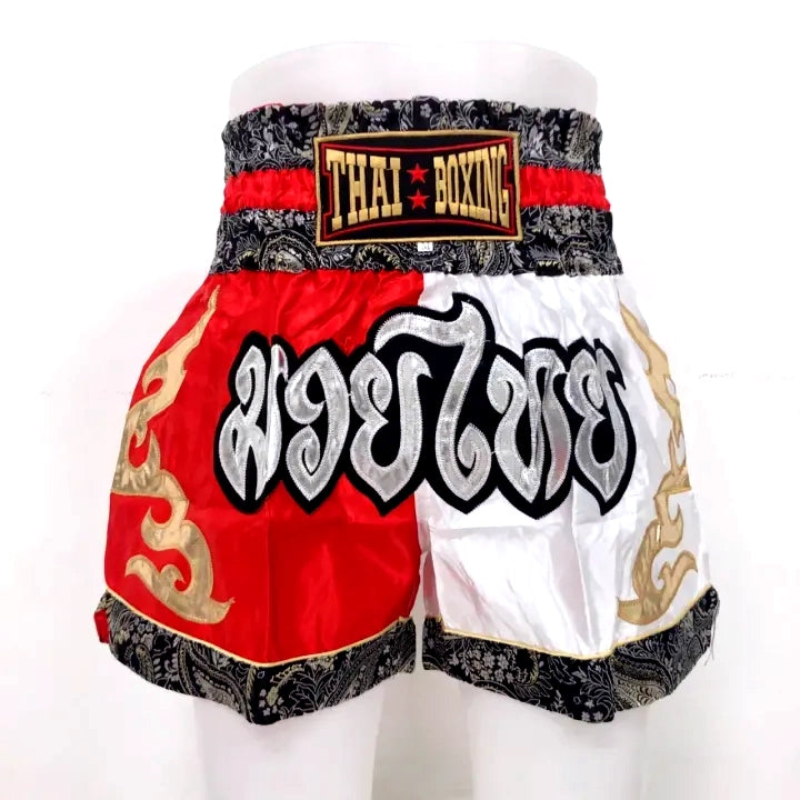 🥊 The Radiant Striker: Twotone Signature Muay Thai Shorts – Premium Vibrant Dual-Color Series, Ultra-Comfortable Stylish Boxing Trunks, Handcrafted High-Precision Export Grade for Adults and Kids (Red and white Muay Thai shorts)