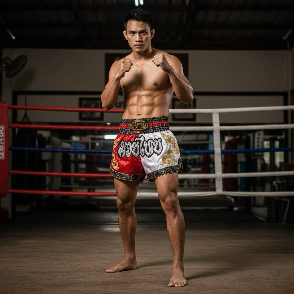 🥊 The Radiant Striker: Twotone Signature Muay Thai Shorts – Premium Vibrant Dual-Color Series, Ultra-Comfortable Stylish Boxing Trunks, Handcrafted High-Precision Export Grade for Adults and Kids (Red and white Muay Thai shorts)
