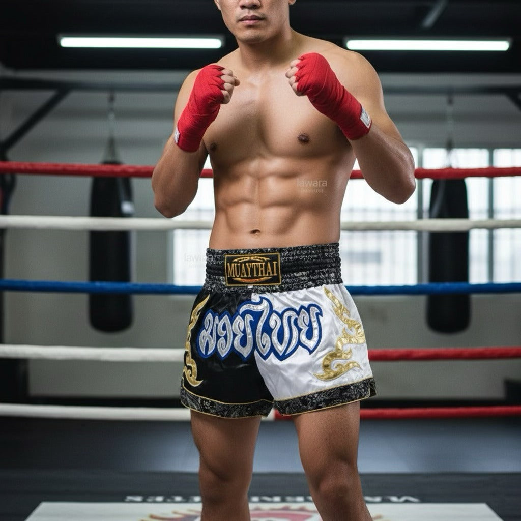🥊 The Radiant Striker: Twotone Signature Muay Thai Shorts – Premium Vibrant Dual-Color Series, Ultra-Comfortable Stylish Boxing Trunks, Handcrafted High-Precision Export Grade for Adults and Kids (White and blue Muay Thai shorts)