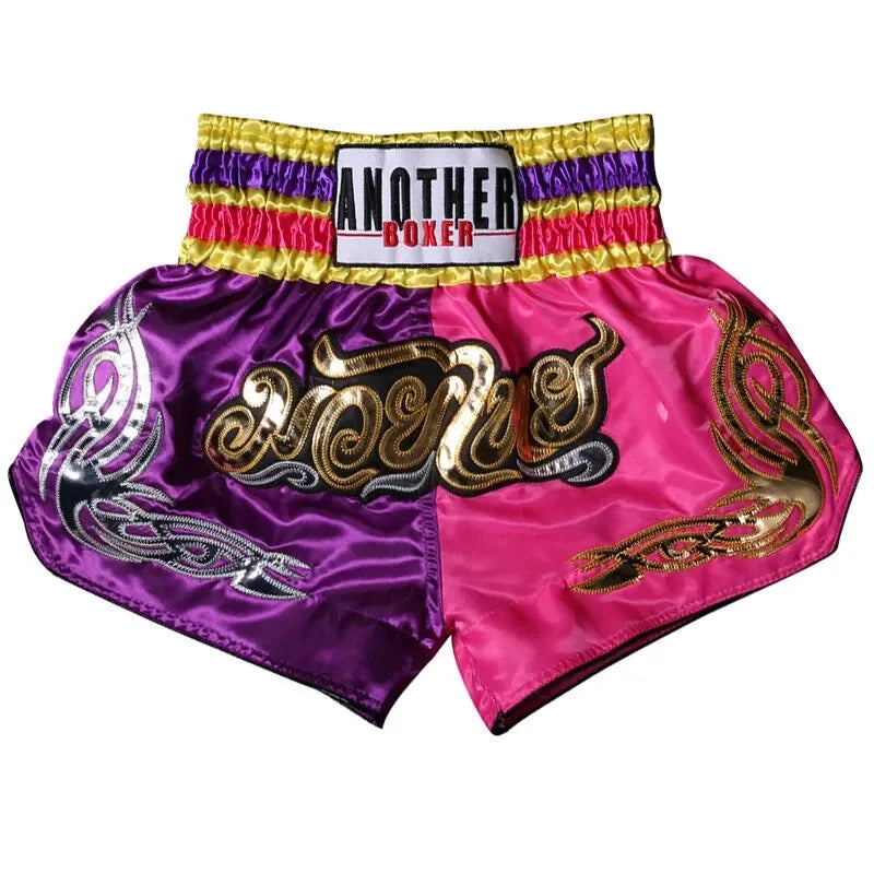 🥊 The Royal Striker: Authentic High-Quality Thailand Muay Thai Shorts – Premium Heavyweight Satin Boxing Trunks, Handcrafted Professional Grade for Adults and Kids, Stylish Performance Combat Wear Blue and black Muay Thai shorts (Pink and purple )
