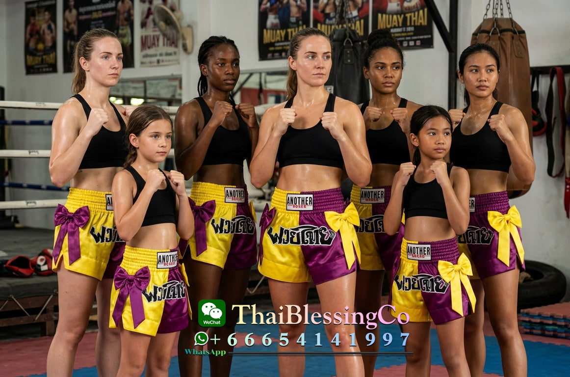 🔥 The Victory Bow: Premium Satin Muay Thai & Kickboxing Shorts – Elegant Bow-Tie Design, Multi-Sport Combat Trunks for MMA, Cage Fighting, and Professional Training (Adults & Kids Purple and yellow Muay Thai shorts)