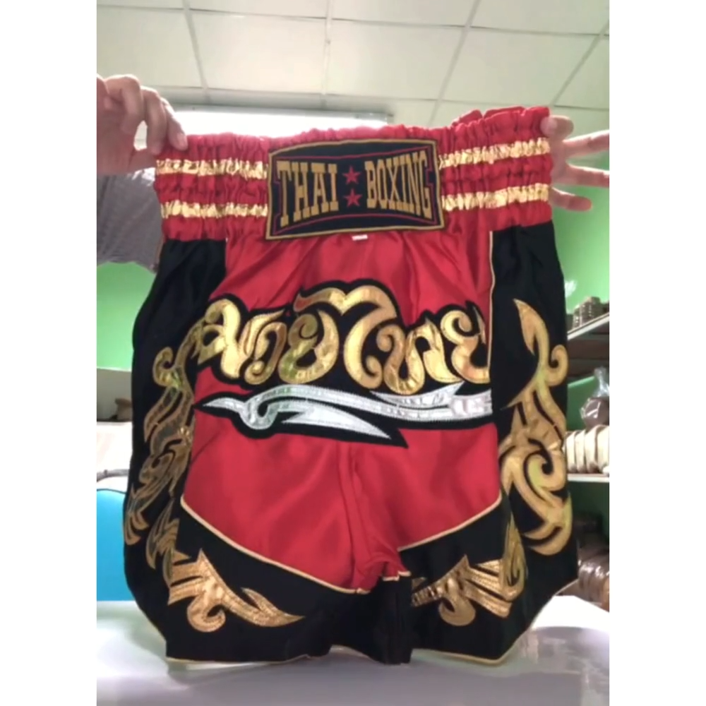 🥊The Warrior’s Glory: Authentic Premium Thai Pattern Muay Thai Shorts – Double-Layered Professional Satin Boxing Trunks, Handcrafted Factory-Direct Export Grade for Adults and Kids (Red and black boxing shorts)