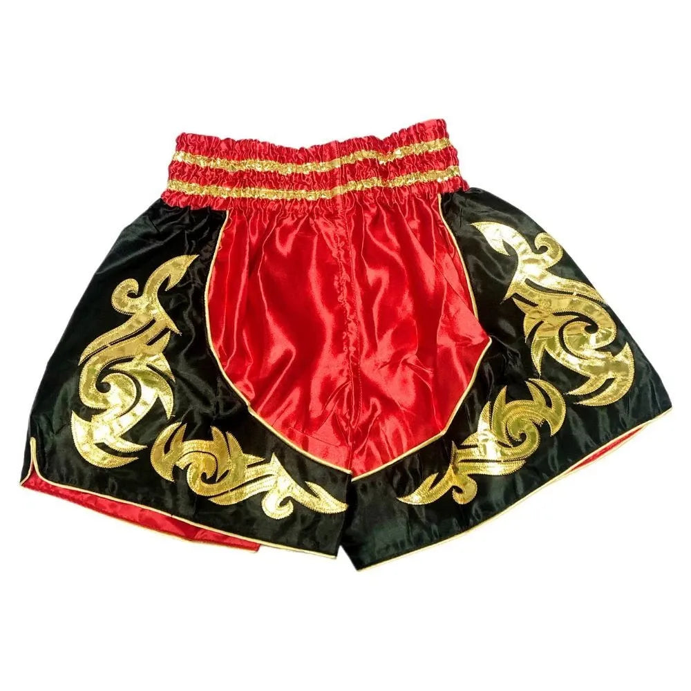 🥊The Warrior’s Glory: Authentic Premium Thai Pattern Muay Thai Shorts – Double-Layered Professional Satin Boxing Trunks, Handcrafted Factory-Direct Export Grade for Adults and Kids (Red and black boxing shorts)