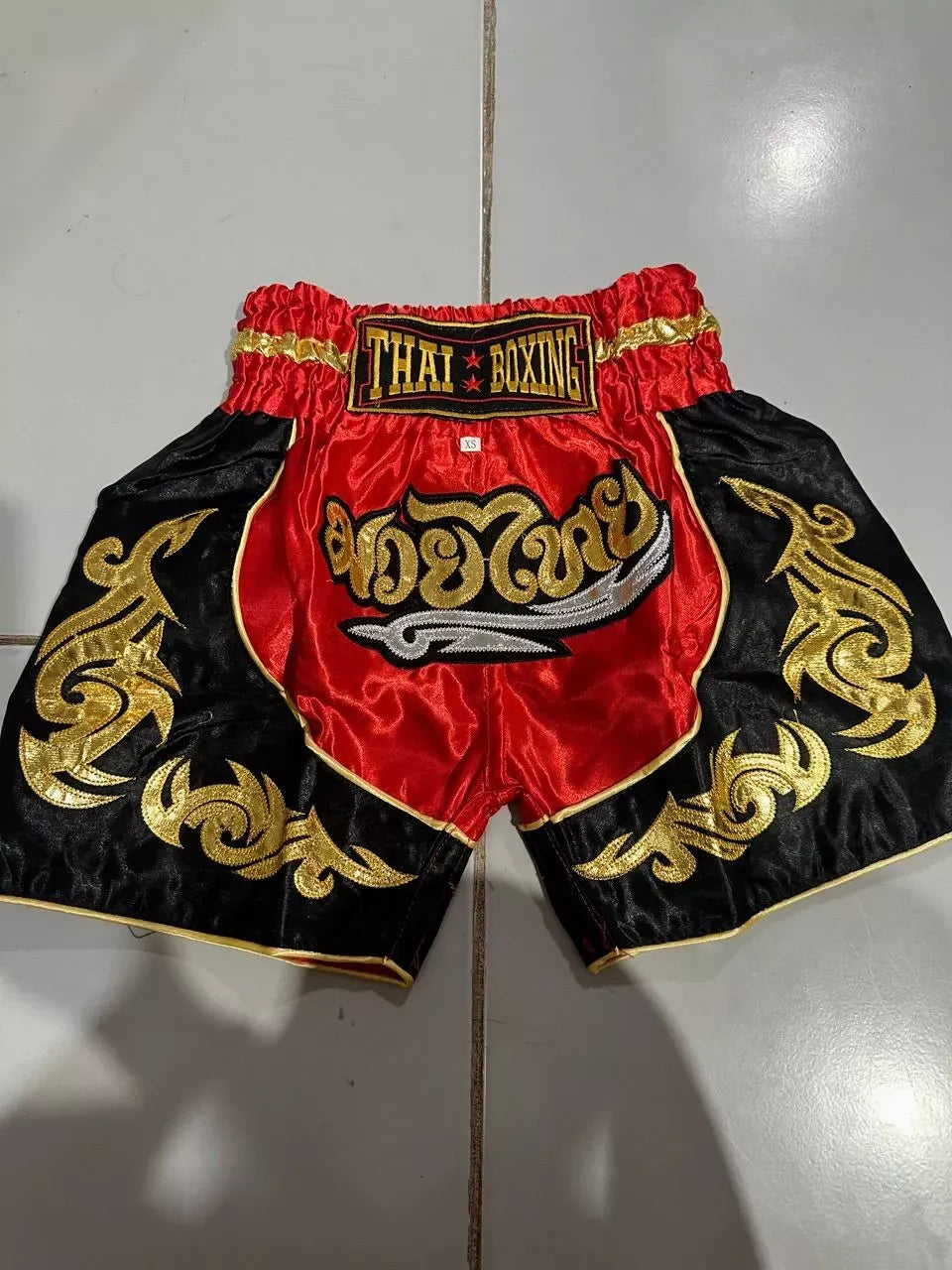 🥊The Warrior’s Glory: Authentic Premium Thai Pattern Muay Thai Shorts – Double-Layered Professional Satin Boxing Trunks, Handcrafted Factory-Direct Export Grade for Adults and Kids (Red and black boxing shorts)
