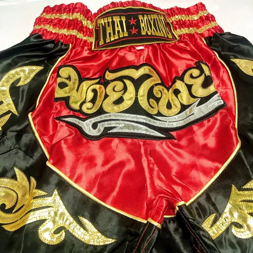 🥊The Warrior’s Glory: Authentic Premium Thai Pattern Muay Thai Shorts – Double-Layered Professional Satin Boxing Trunks, Handcrafted Factory-Direct Export Grade for Adults and Kids (Red and black boxing shorts)