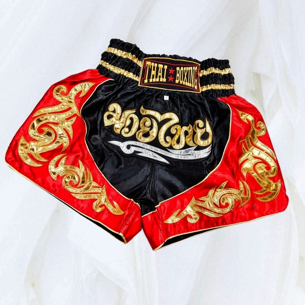 🥊The Warrior’s Glory: Authentic Premium Thai Pattern Muay Thai Shorts – Double-Layered Professional Satin Boxing Trunks, Handcrafted Factory-Direct Export Grade for Adults and Kids (Black and red Muay Thai shorts)