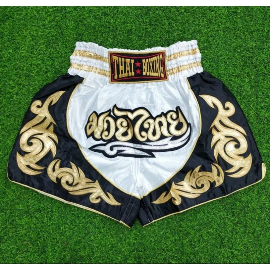 🥊The Warrior’s Glory: Authentic Premium Thai Pattern Muay Thai Shorts – Double-Layered Professional Satin Boxing Trunks, Handcrafted Factory-Direct Export Grade for Adults and Kids (Black and white boxing shorts)