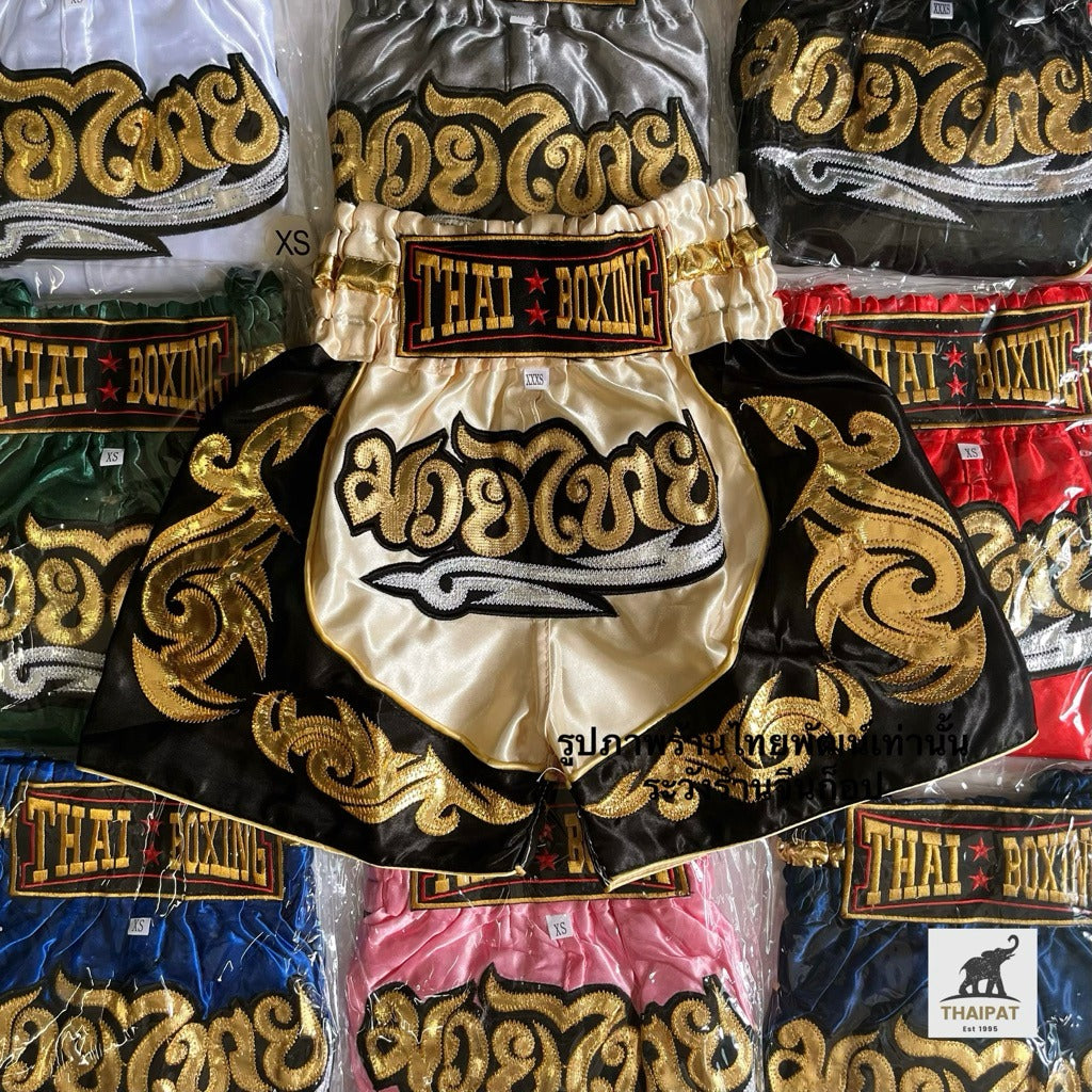 🥊The Warrior’s Glory: Authentic Premium Thai Pattern Muay Thai Shorts – Double-Layered Professional Satin Boxing Trunks, Handcrafted Factory-Direct Export Grade for Adults and Kids (Cream and black Muay Thai shorts)