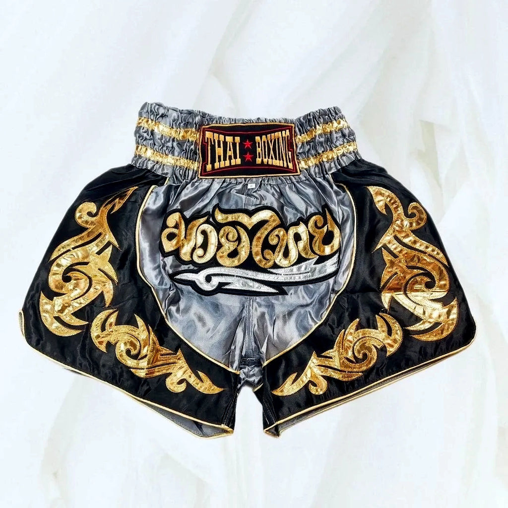 🥊The Warrior’s Glory: Authentic Premium Thai Pattern Muay Thai Shorts – Double-Layered Professional Satin Boxing Trunks, Handcrafted Factory-Direct Export Grade for Adults and Kids (Gray and black Muay Thai shorts)