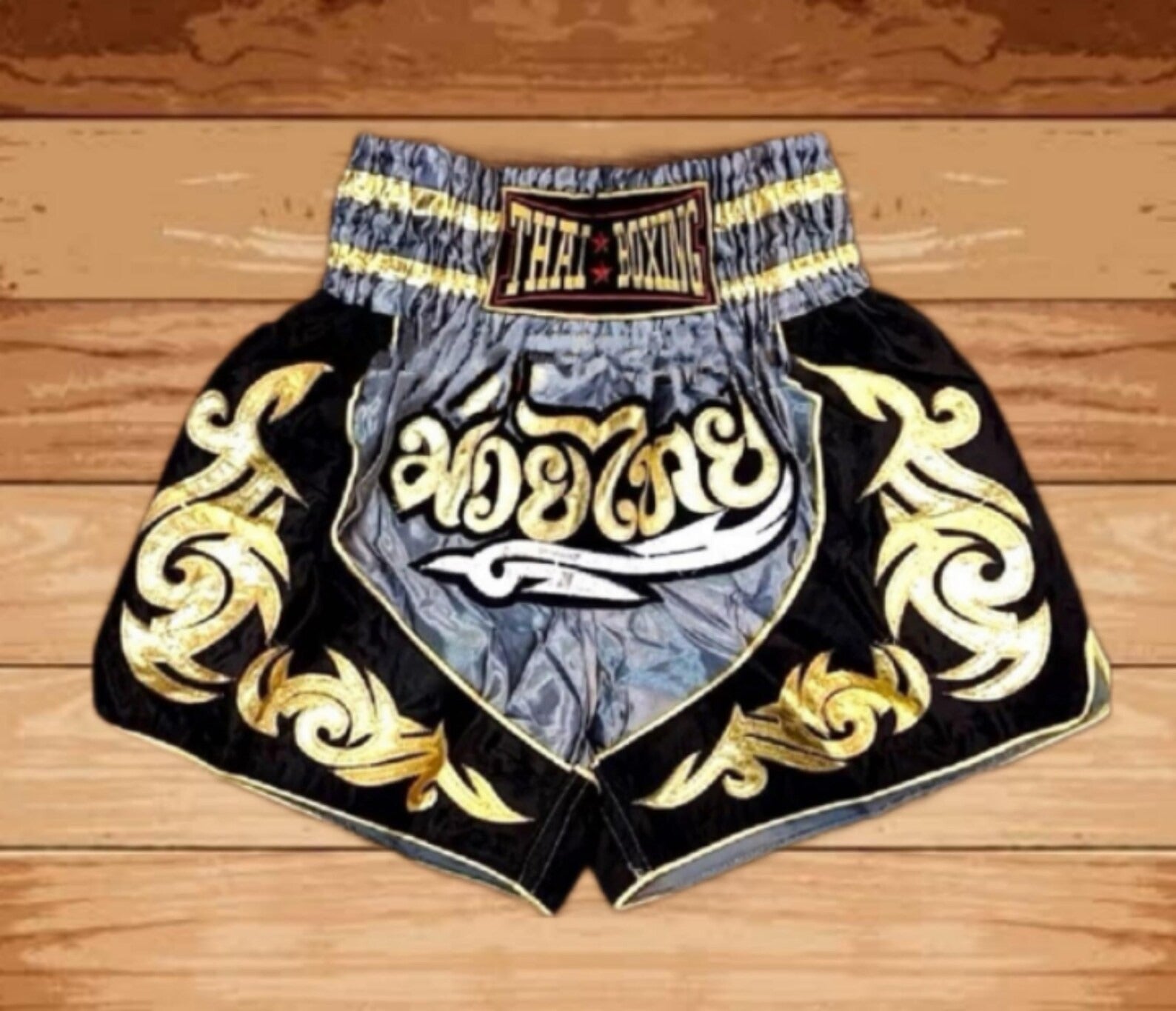 🥊The Warrior’s Glory: Authentic Premium Thai Pattern Muay Thai Shorts – Double-Layered Professional Satin Boxing Trunks, Handcrafted Factory-Direct Export Grade for Adults and Kids (Gray and black Muay Thai shorts)