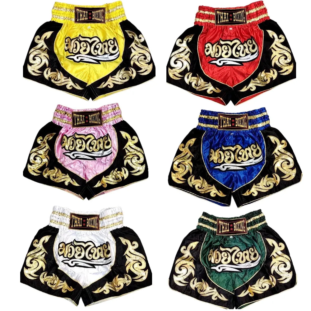 🥊The Warrior’s Glory: Authentic Premium Thai Pattern Muay Thai Shorts – Double-Layered Professional Satin Boxing Trunks, Handcrafted Factory-Direct Export Grade for Adults and Kids (Yellow and black Muay Thai shorts)