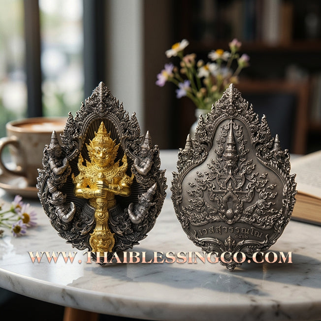 ✨ The "Wessuwanno" Sovereign Protector: Exquisite Cast Buddhist Art Edition — White Bronze Satin Finish with Gilded Gold Deity — Dual-Consecrated for Supreme Wealth, Absolute Protection, and Royal Authority