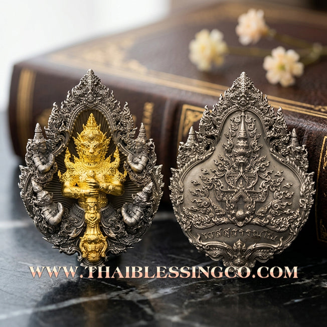 ✨ The "Wessuwanno" Sovereign Protector: Exquisite Cast Buddhist Art Edition — White Bronze Satin Finish with Gilded Gold Deity — Dual-Consecrated for Supreme Wealth, Absolute Protection, and Royal Authority