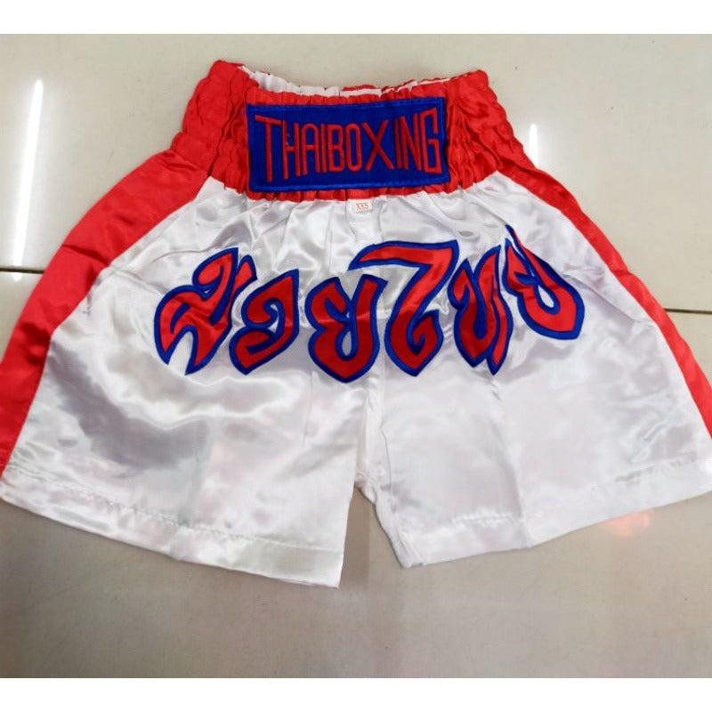 🥊The Apex Striker: Premium Side-Striped Muay Thai Shorts – Authentic Kanok Embroidered Satin Trunks, Quick-Dry Double-Layered Export Grade for Adults and Kids (White Muay Thai shorts)