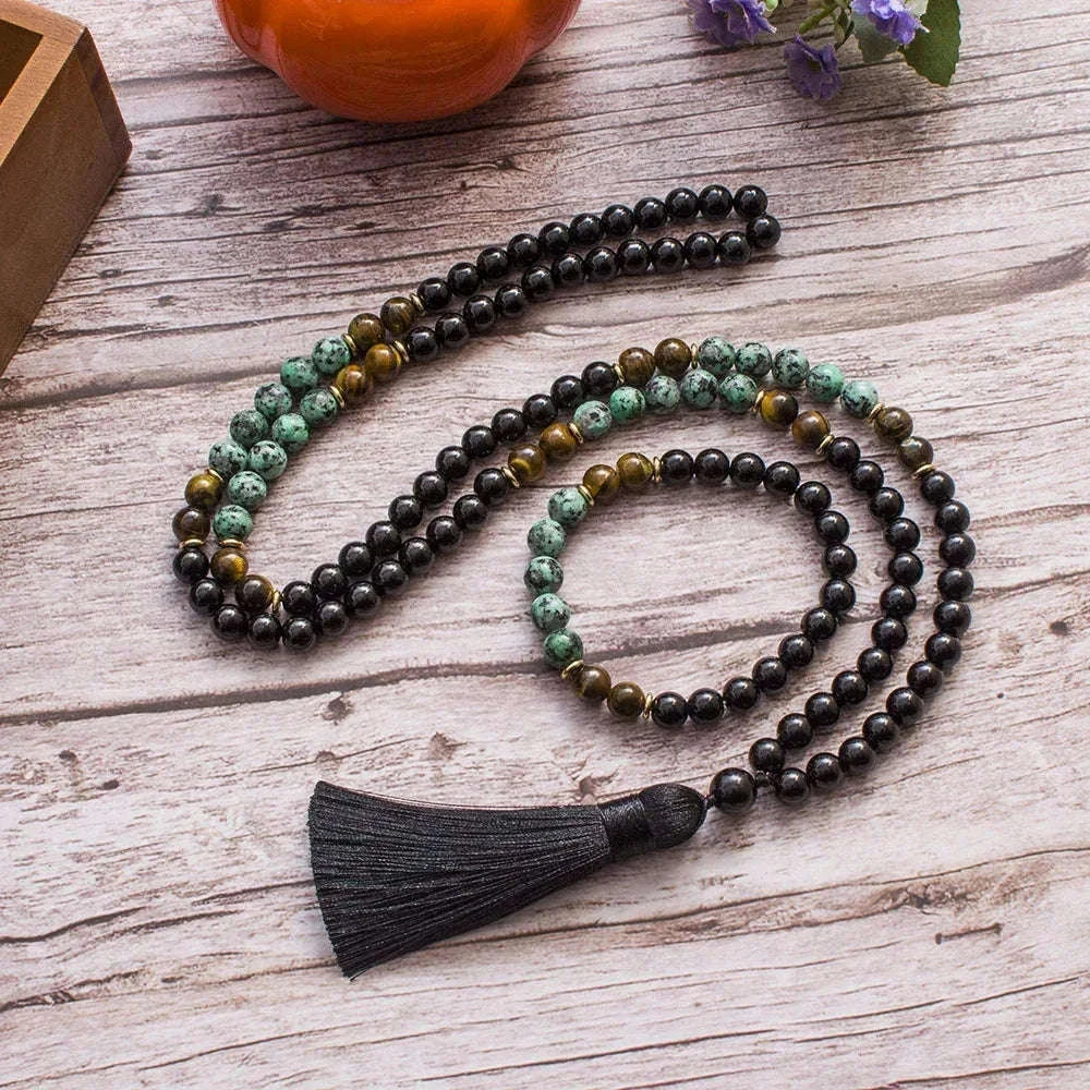 🌿 African Turquoise, Black Onyx & Tiger Eye 108 Mala Beads (8mm): The Stone of Evolution & Protection – Healing Meditation Necklace & Yoga Japamala Rosary Set