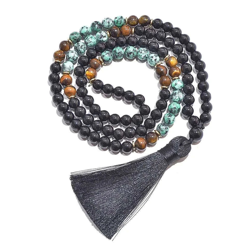 🌿 African Turquoise, Black Onyx & Tiger Eye 108 Mala Beads (8mm): The Stone of Evolution & Protection – Healing Meditation Necklace & Yoga Japamala Rosary