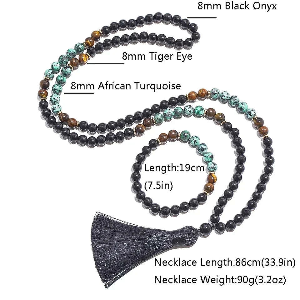 🌿 African Turquoise, Black Onyx & Tiger Eye 108 Mala Beads (8mm): The Stone of Evolution & Protection – Healing Meditation Necklace & Yoga Japamala Rosary