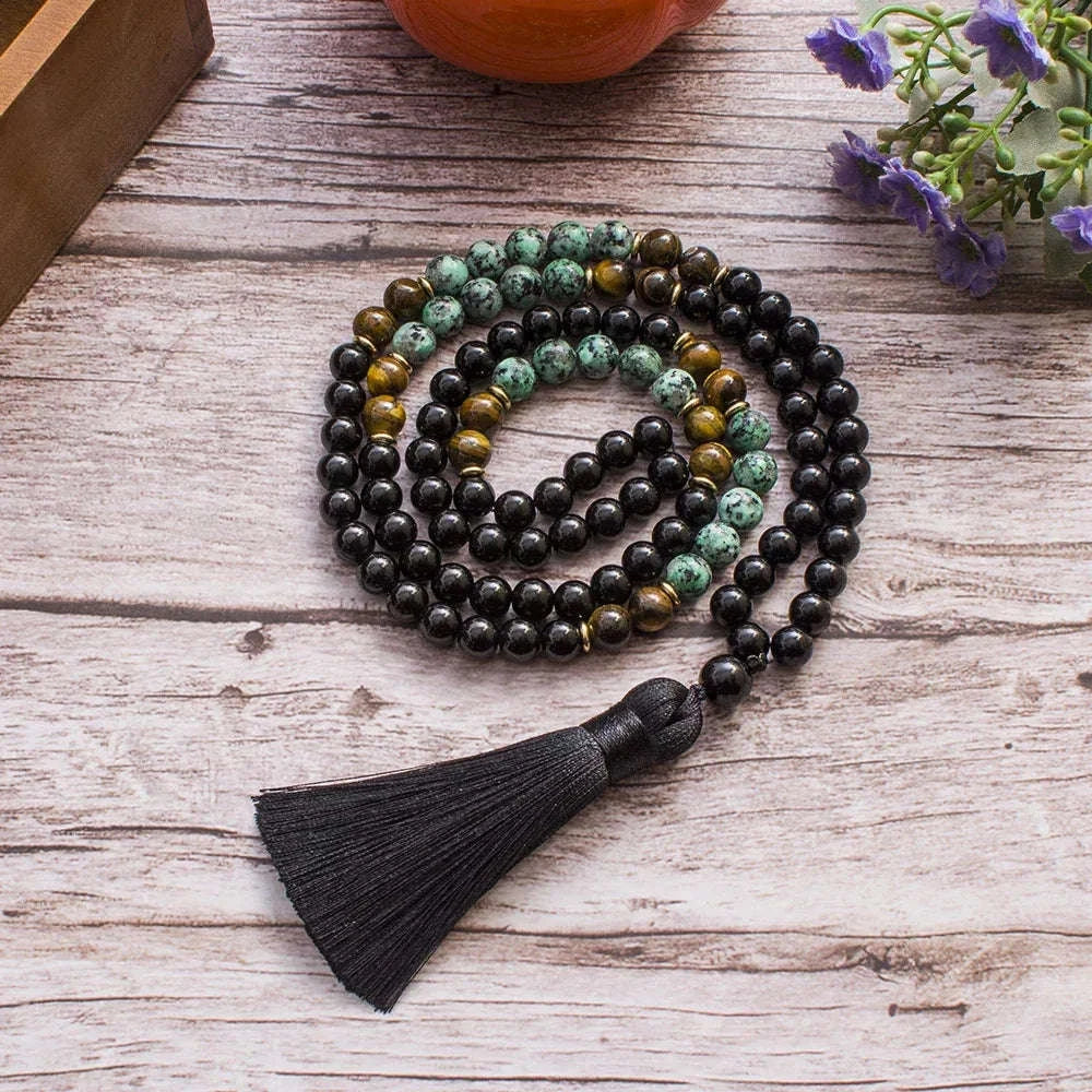 🌿 African Turquoise, Black Onyx & Tiger Eye 108 Mala Beads (8mm): The Stone of Evolution & Protection – Healing Meditation Necklace & Yoga Japamala Rosary Necklace