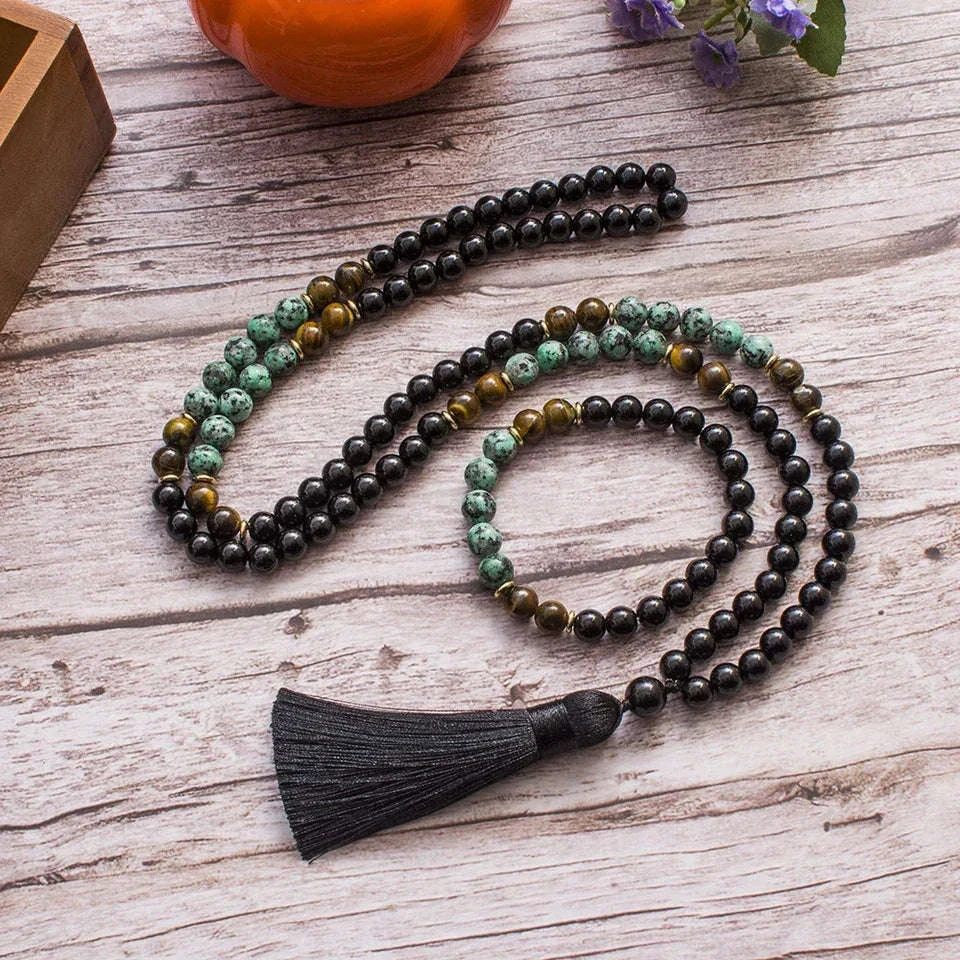 🌿 African Turquoise, Black Onyx & Tiger Eye 108 Mala Beads (8mm): The Stone of Evolution & Protection – Healing Meditation Necklace & Yoga Japamala Rosary