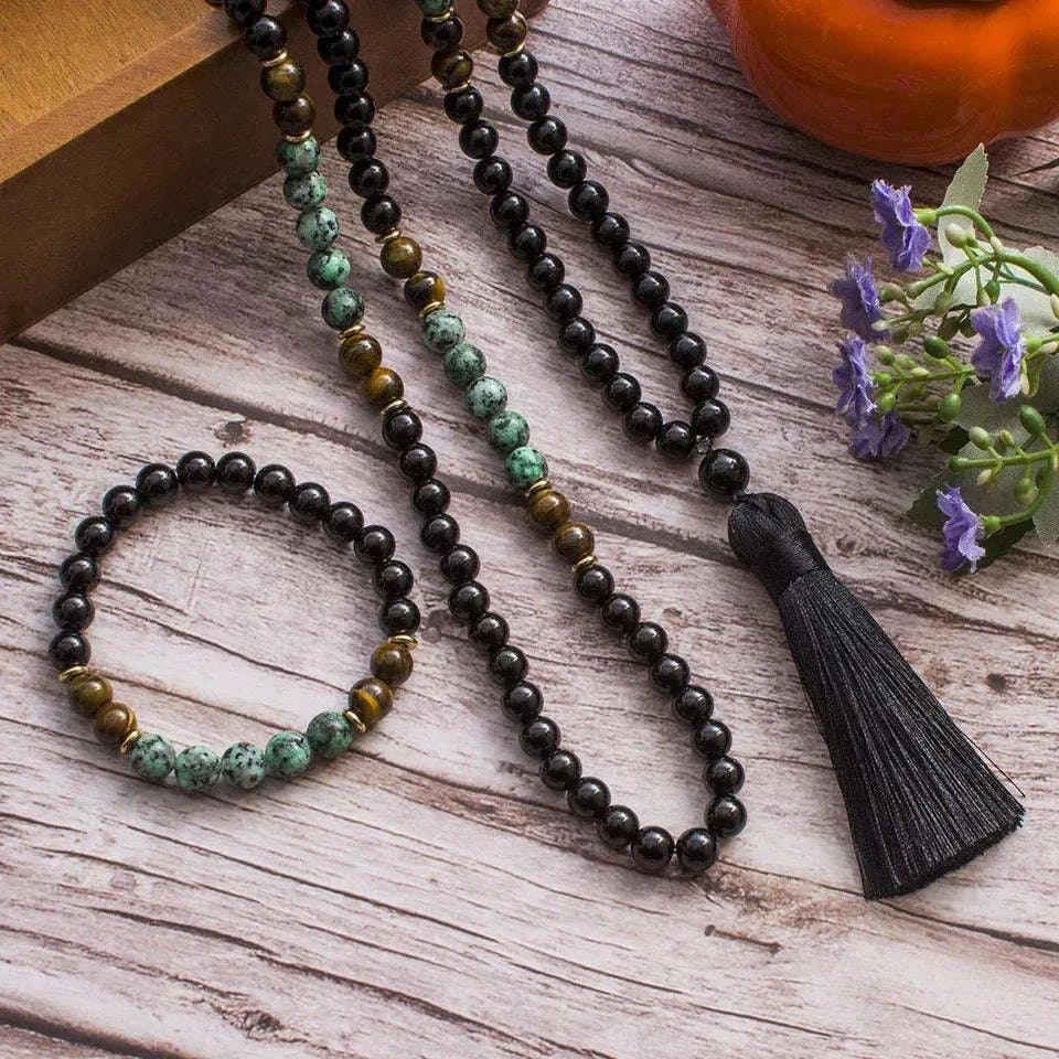 🌿 African Turquoise, Black Onyx & Tiger Eye 108 Mala Beads (8mm): The Stone of Evolution & Protection – Healing Meditation Necklace & Yoga Japamala Rosary